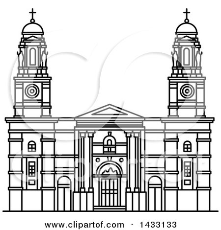 Clipart of a Black and White Line Drawing Styled Uruguay Landmark, Church of Our Lady of the Mount Carmel - Royalty Free Vector Illustration by Vector Tradition SM