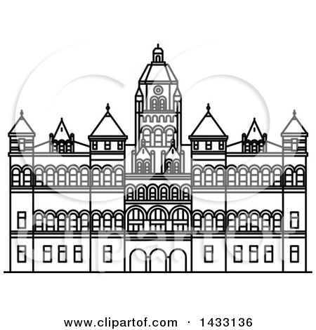 Clipart of a Black and White Line Drawing Styled American Landmark, the Old Red Museum of Dallas - Royalty Free Vector Illustration by Vector Tradition SM