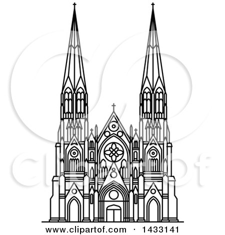 Clipart of a Black and White Line Drawing Styled American Landmark, St Patrick Cathedral - Royalty Free Vector Illustration by Vector Tradition SM