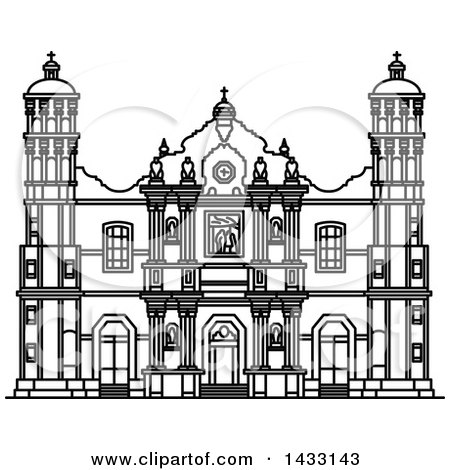 Clipart of a Black and White Line Drawing Styled Mexican Landmark, Our Lady of Guadalupe Basilica - Royalty Free Vector Illustration by Vector Tradition SM