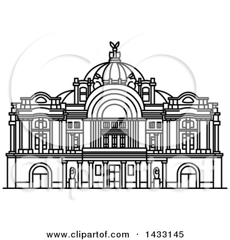 Clipart of a Black and White Line Drawing Styled Mexican Landmark, Mexico Palace of Fine Arts - Royalty Free Vector Illustration by Vector Tradition SM
