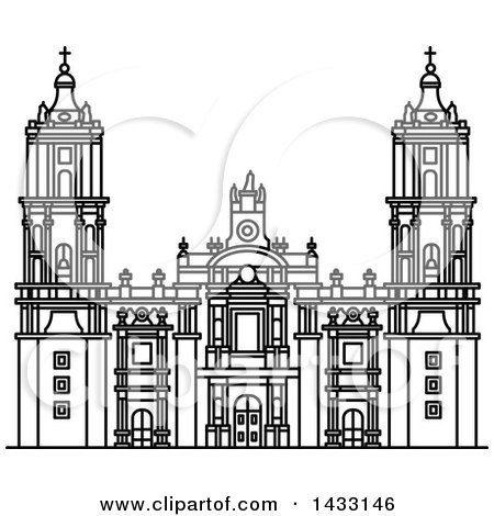 Clipart of a Black and White Line Drawing Styled Mexican Landmark, Metropolitan Cathedral - Royalty Free Vector Illustration by Vector Tradition SM