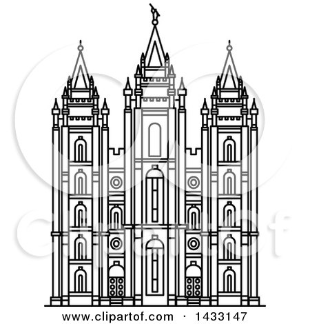 Clipart of a Black and White Line Drawing Styled American Landmark, Salt Lake Temple, Utah - Royalty Free Vector Illustration by Vector Tradition SM