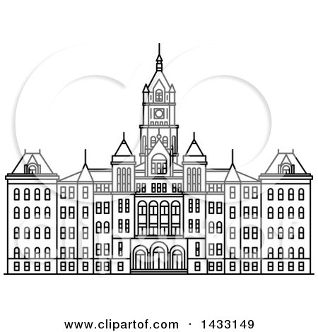 Clipart of a Black and White Line Drawing Styled American Landmark, Salt Lake City and County Building - Royalty Free Vector Illustration by Vector Tradition SM