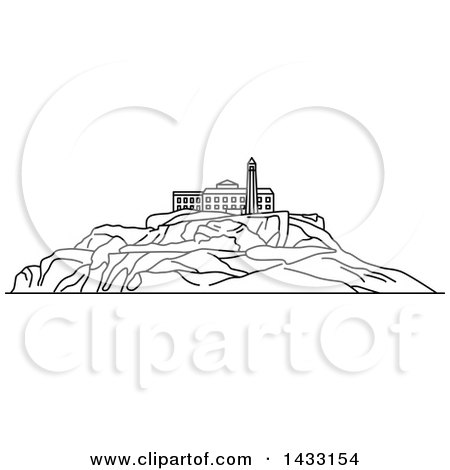 Clipart of a Black and White Line Drawing Styled American Landmark, Alcatraz Island - Royalty Free Vector Illustration by Vector Tradition SM