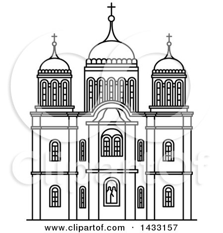Clipart of a Black and White Line Drawing Styled Israel Landmark, Monastery Ein Karem - Royalty Free Vector Illustration by Vector Tradition SM