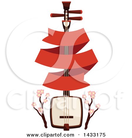 Clipart of a Japanese Biwa Lute Instrument with Cherry Blossom Branches and a Blank Banner - Royalty Free Vector Illustration by Vector Tradition SM