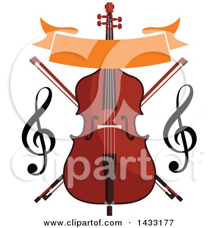 Clipart of a Double Bass with a Blank Banner, Clefs and Crossed Bows - Royalty Free Vector Illustration by Vector Tradition SM