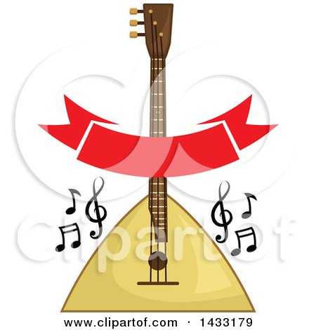 Clipart of a Balalaika Instrument with Music Notes and a Banner - Royalty Free Vector Illustration by Vector Tradition SM