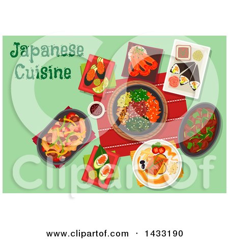 Clipart of a Table Set with Japanese Cuisine, with Text - Royalty Free Vector Illustration by Vector Tradition SM