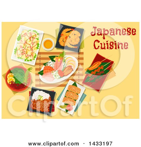 Clipart of a Table Set with Japanese Cuisine, with Text - Royalty Free Vector Illustration by Vector Tradition SM