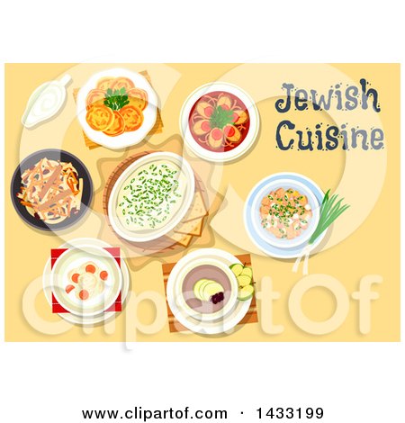 Clipart of a Table Set with Jewish Cuisine, with Text - Royalty Free Vector Illustration by Vector Tradition SM