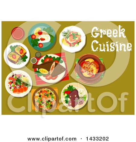 Clipart of a Table Set with Greek Cuisine, with Text - Royalty Free Vector Illustration by Vector Tradition SM
