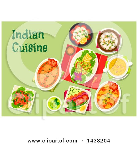 Clipart of a Table Set with Indian Cuisine, with Text - Royalty Free Vector Illustration by Vector Tradition SM