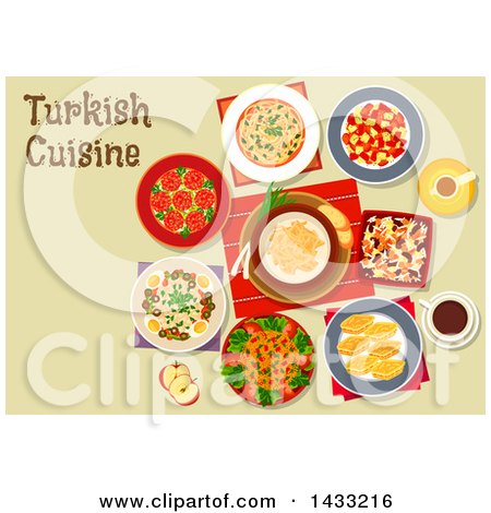 Clipart of a Table Set with Turkish Cuisine, with Text - Royalty Free Vector Illustration by Vector Tradition SM