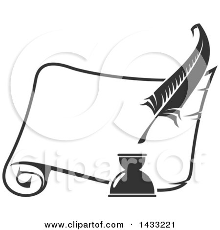 Clipart of a Grayscale Feather Quill and Scroll - Royalty Free Vector Illustration by Vector Tradition SM