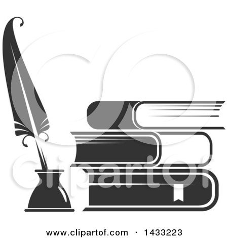 Clipart of a Grayscale Feather Quill and Ink Well with a Stack of Books - Royalty Free Vector Illustration by Vector Tradition SM