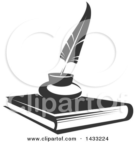 Clipart of a Grayscale Feather Quill and Ink Well with a Book - Royalty Free Vector Illustration by Vector Tradition SM