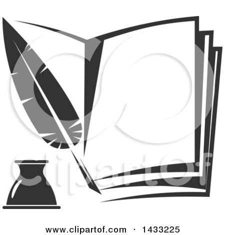 Clipart of a Grayscale Feather Quill over an Open Book - Royalty Free Vector Illustration by Vector Tradition SM