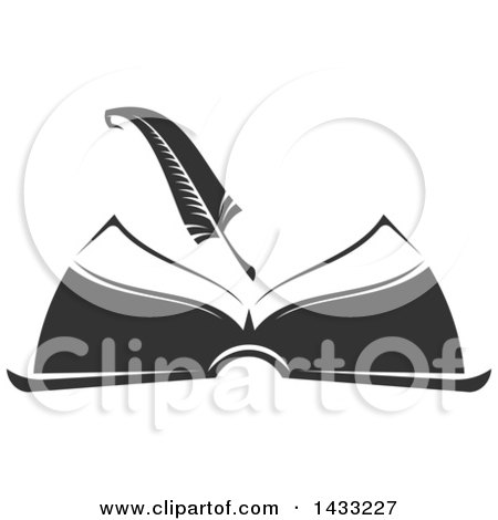 Clipart of a Grayscale Feather Quill over an Open Book - Royalty Free Vector Illustration by Vector Tradition SM