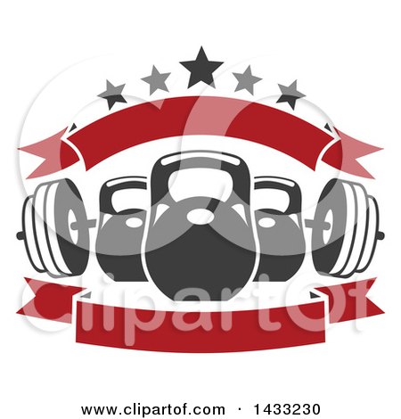 Clipart of a Barbell and Kettle Bells with Stars and Blank Banners - Royalty Free Vector Illustration by Vector Tradition SM