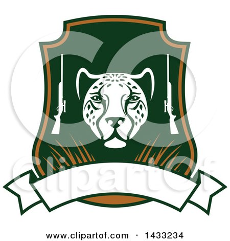 Clipart of a Hunting Shield Design with a Leopard, Rifles and Banner - Royalty Free Vector Illustration by Vector Tradition SM