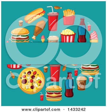 Clipart of a Blank Label over a Circle of Fast Food on Turquoise - Royalty Free Vector Illustration by Vector Tradition SM