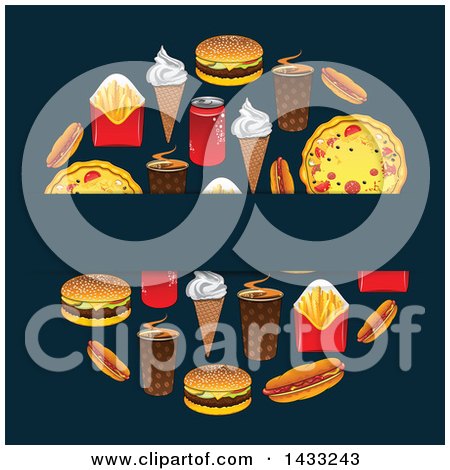 Clipart of a Blank Label over a Circle of Fast Food on Dark Blue - Royalty Free Vector Illustration by Vector Tradition SM