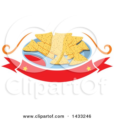 Clipart of a Plate of Tortilla Chips and Salsa over a Blank Banner - Royalty Free Vector Illustration by Vector Tradition SM