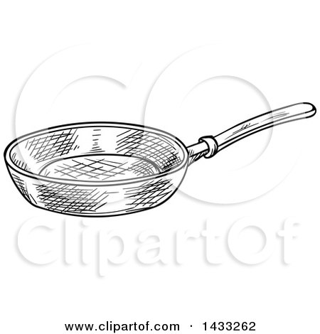 Clipart of a Sketched Black and White Frying Pan - Royalty Free Vector Illustration by Vector Tradition SM
