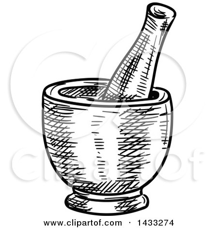 Clipart of a Sketched Black and White Mortar and Pestle - Royalty Free Vector Illustration by Vector Tradition SM