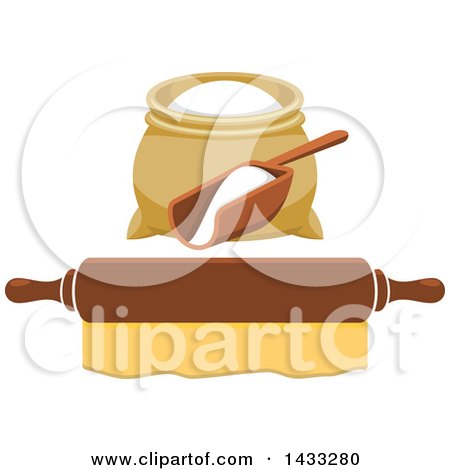 Clipart of a Flour Sack and Scoop over a Rolling Pin - Royalty Free Vector Illustration by Vector Tradition SM
