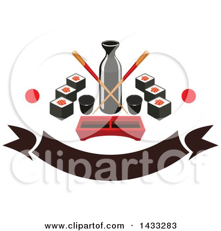 Clipart of a Soy Sauce Bottle with Crossed Copysticks, Dip Tray and Sushi with Dots and Blank Banner - Royalty Free Vector Illustration by Vector Tradition SM