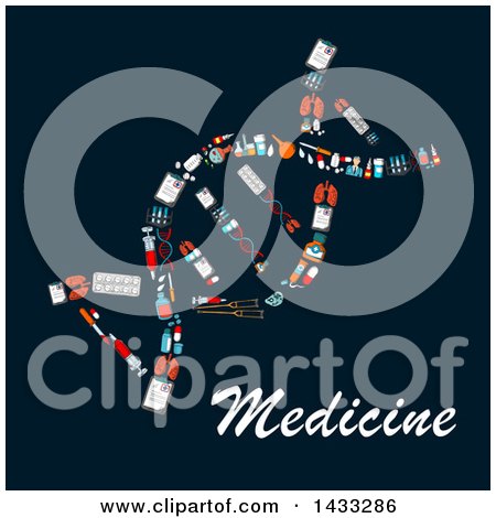 Clipart of a Flat Style Dna Strand Formed of Medical Icons, with Text on Blue - Royalty Free Vector Illustration by Vector Tradition SM