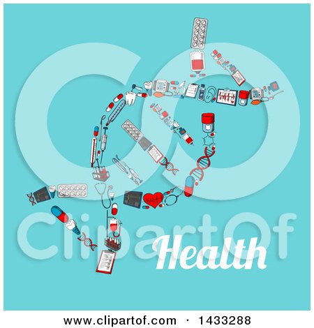 Clipart of a Sketched Dna Strand Formed of Medical Icons, with Text on Blue - Royalty Free Vector Illustration by Vector Tradition SM