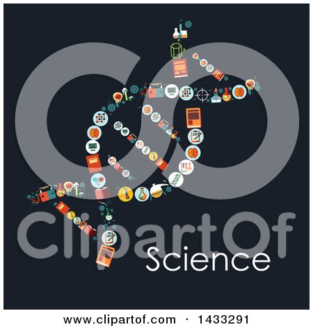 Clipart of a Dna Strand Formed of Flat Style Science Icons, with Text on Dark Blue - Royalty Free Vector Illustration by Vector Tradition SM