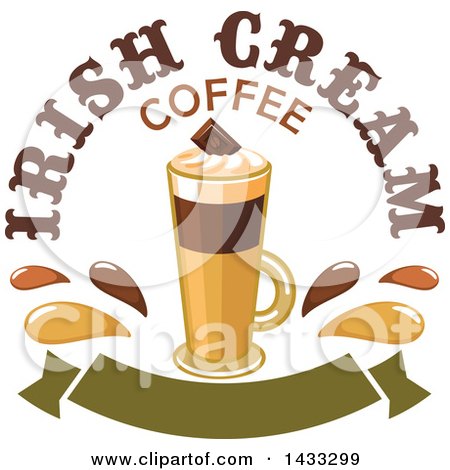Clipart of a Tall Irish Cream Coffee with Text and Splashes over a Blank Banner - Royalty Free Vector Illustration by Vector Tradition SM