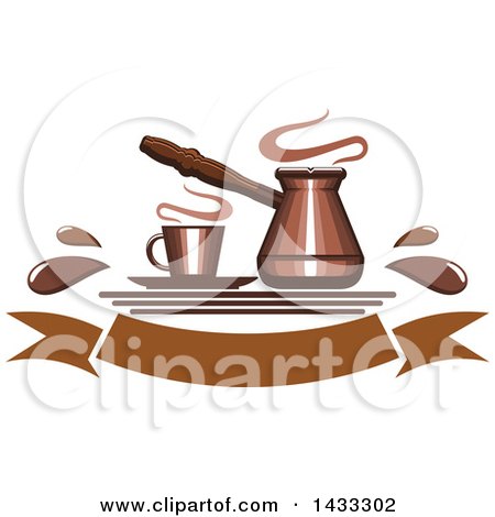 Clipart of a Coff Cup and Cezve with Splashes over a Banner - Royalty Free Vector Illustration by Vector Tradition SM