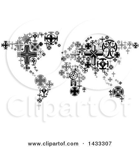 Clipart of a Black and White World Map Formed of Crosses - Royalty Free Vector Illustration by Vector Tradition SM