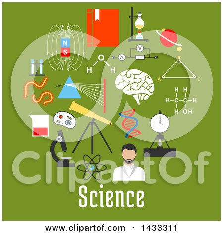 Clipart of Flat Style Science Icons and Text on Green - Royalty Free Vector Illustration by Vector Tradition SM