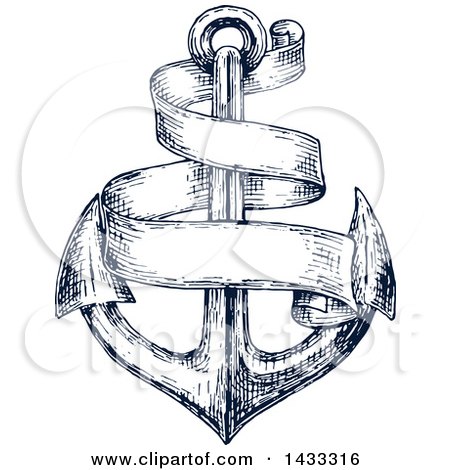 Clipart of a Navy Blue Sketched Anchor and Blank Banner - Royalty Free Vector Illustration by Vector Tradition SM