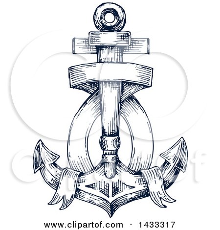 Clipart of a Navy Blue Sketched Anchor and Blank Banner - Royalty Free Vector Illustration by Vector Tradition SM