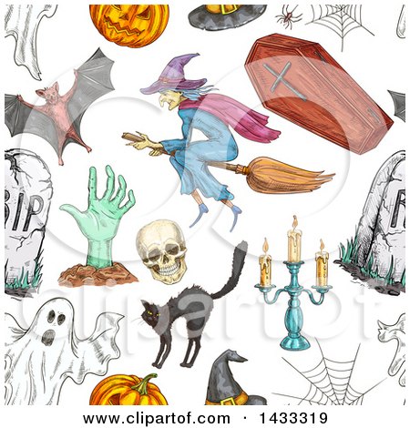Clipart of a Seamless Background Pattern of Sketched Halloween Items - Royalty Free Vector Illustration by Vector Tradition SM