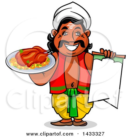 Clipart of a Cartoon Happy Male Indian Chef Holding a Blank Menu and a Plate with a Cooked Chicken - Royalty Free Vector Illustration by Vector Tradition SM