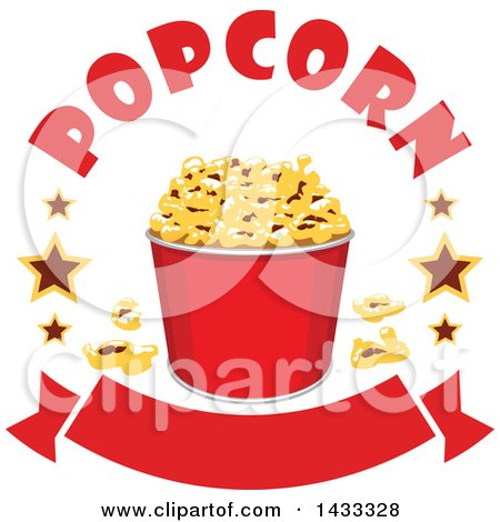 Clipart of a Popcorn Bucket with Stars and Text over a Banner - Royalty Free Vector Illustration by Vector Tradition SM