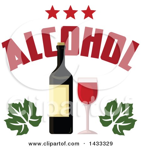 Clipart of a Red Wine Design with a Glass, Bottle, Text, Stars and Leaves - Royalty Free Vector Illustration by Vector Tradition SM