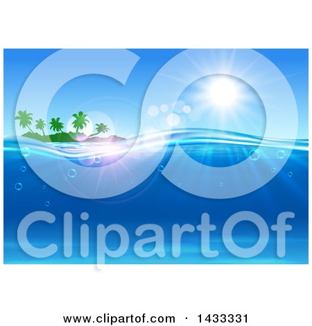Clipart of a Silhouetted Tropical Island Under a Sunny Sky with Blue Ocean Water - Royalty Free Vector Illustration by Vector Tradition SM