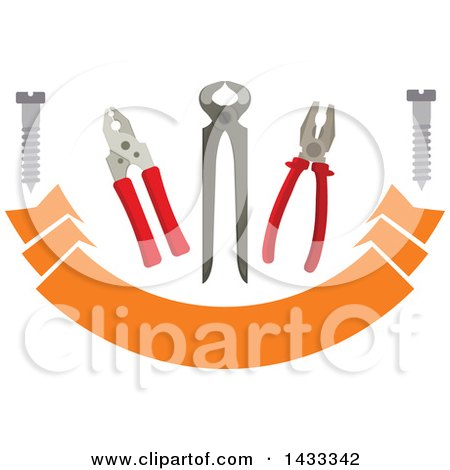 Clipart of a Pair of Nippers, Pliers, Tongs, and Metal Bolt Screws over a Banner - Royalty Free Vector Illustration by Vector Tradition SM