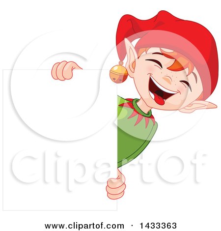 Clipart of a Happy Christmas Elf Laughing Around a Blank Sign - Royalty Free Vector Illustration by Pushkin