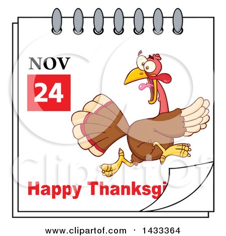Clipart of a November 24 Happy Thanksgiving Calendar Page with a Running Turkey - Royalty Free Vector Illustration by Hit Toon